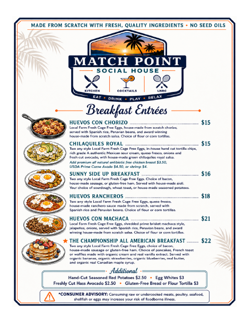 Breakfast entrées menu page